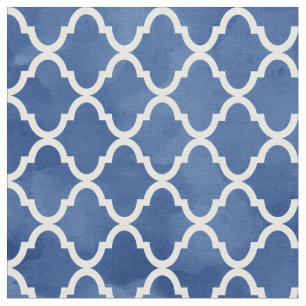 Elegant Dark Blue Waterverf Quatrefoil Patroon Stof