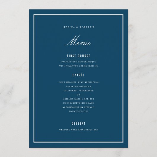 Elegant Dark Blue Wedding Menu Kaart (Voorkant)