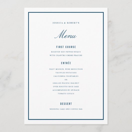 Elegant Dark Blue Wedding Menu Kaart (Voorkant)