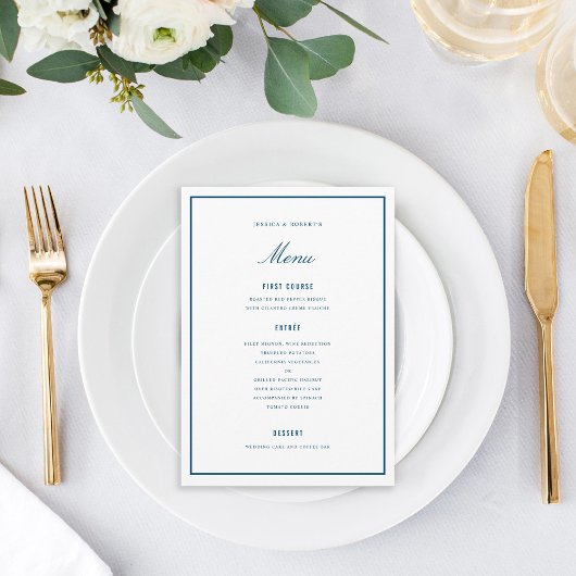 Elegant Dark Blue Wedding Menu Kaart
