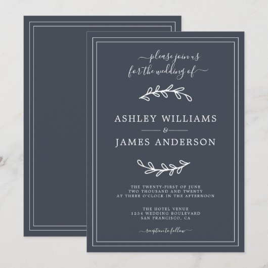 Elegant Dark Blue Wedding-uitnodiging Kaart (Voorkant / Achterkant)