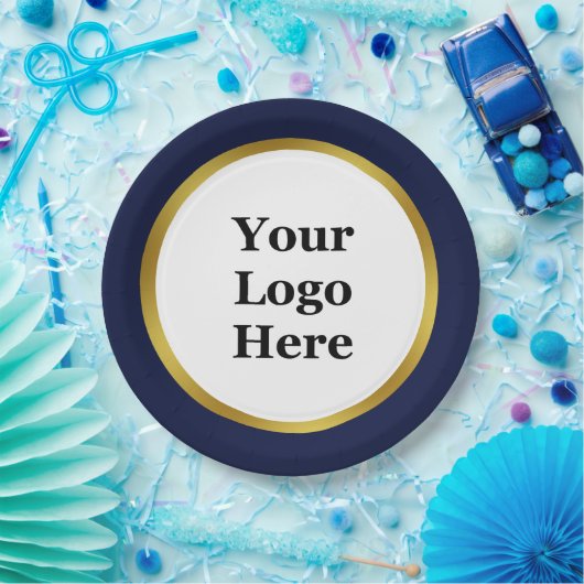 Elegant Dark Blue White en Gold Your Logo hier Papieren Bordje (Feest)