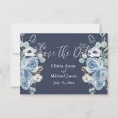 Elegant Dark Blue & White Floral Script Save The Date (Voorkant)