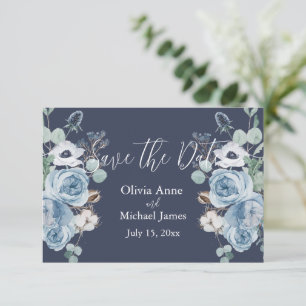 Elegant Dark Blue & White Floral Script Save The Date