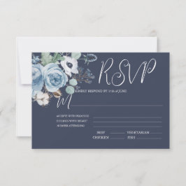Elegant Dark Blue & White Floral Wedding RSVP Kaar