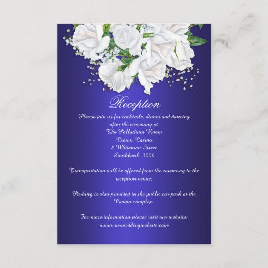 Elegant Dark Blue, White Roses Wedding Reception Informatiekaartje (Voorkant)