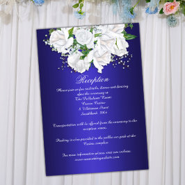 Elegant Dark Blue, White Roses Wedding Reception Informatiekaartje