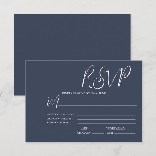 Elegant Dark Blue & White Wedding RSVP Kaart (Voorkant / Achterkant)