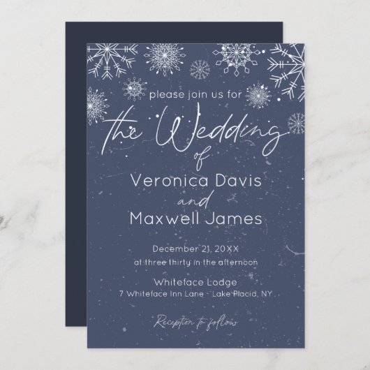 Elegant Dark Blue Winter ThMED Snowflake Wedding Kaart (Voorkant / Achterkant)