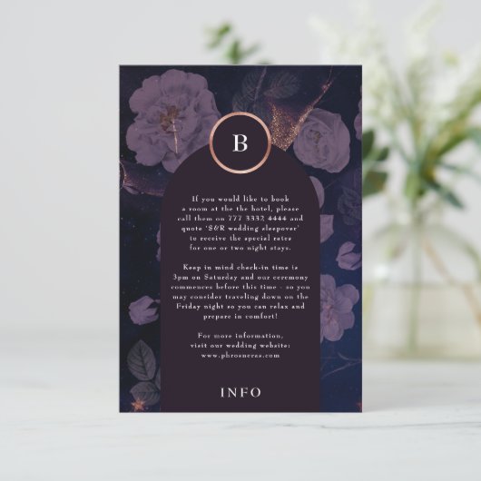 Elegant Dark Boho Floral Arch Roos Gold Wedding Informatiekaartje (Staand voorkant)
