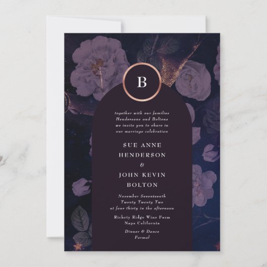 Elegant Dark Boho Floral Arch Roos Gold Wedding Kaart (Voorkant)