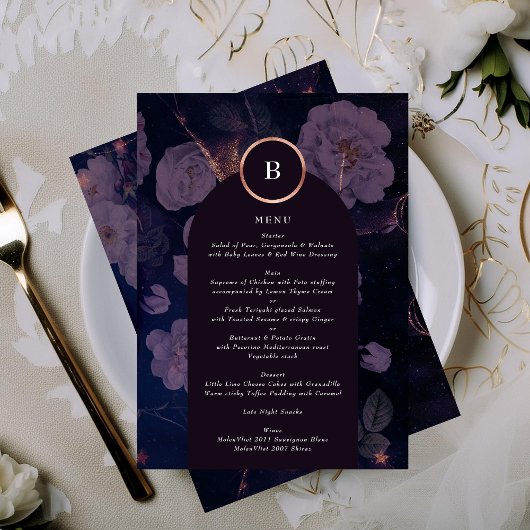 Elegant Dark Boho Floral Arch Roos Gold Wedding Menu