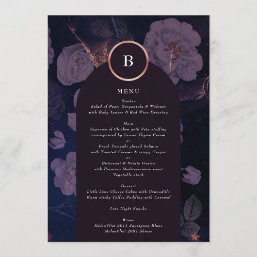 Elegant Dark Boho Floral Arch Roos Gold Wedding Menu (Voorkant)