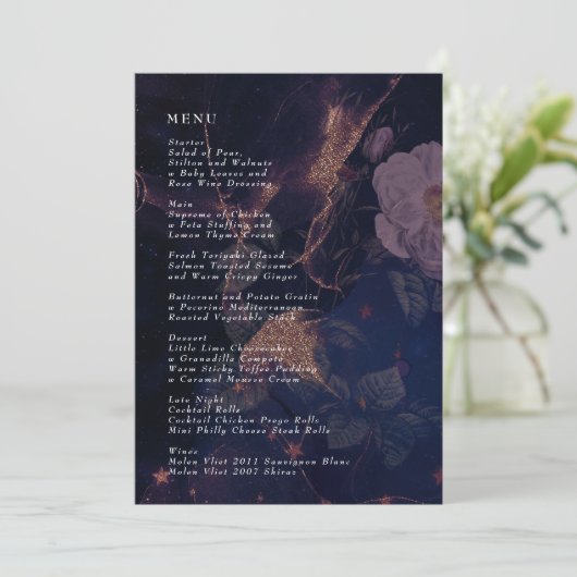 Elegant Dark Boho Floral Paarse Fantasy Wedding Menu (Staand voorkant)