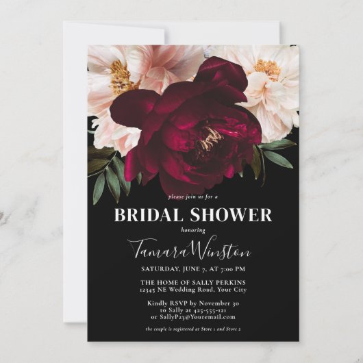 Elegant Dark Burgundy & Blush Floral Black Shower Kaart (Voorkant)