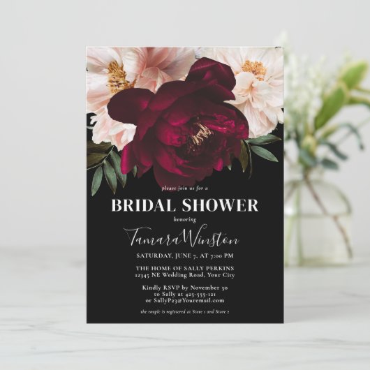 Elegant Dark Burgundy & Blush Floral Black Shower Kaart (Staand voorkant)