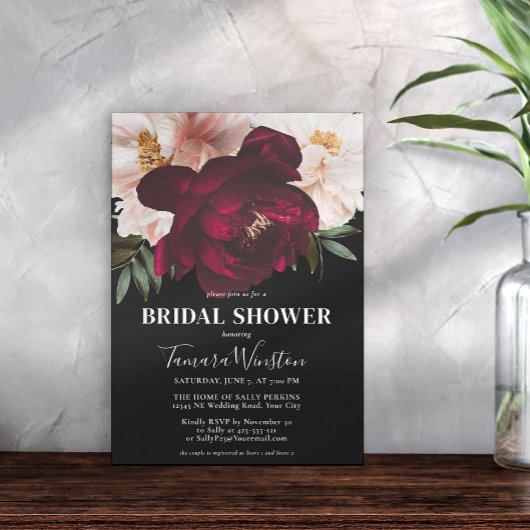Elegant Dark Burgundy & Blush Floral Black Shower Kaart