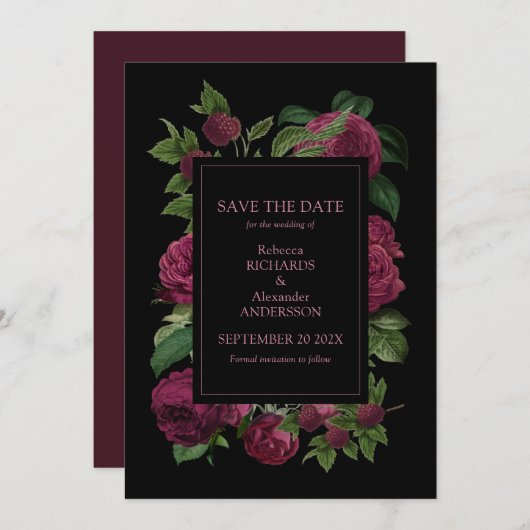 Elegant Dark Burgundy Floral Wedding Save The Date (Voorkant / Achterkant)