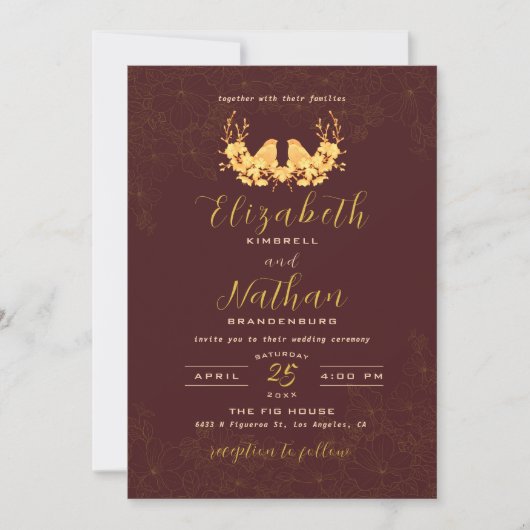 Elegant Dark Burgundy Gold Birds Floral Wedding Kaart (Voorkant)
