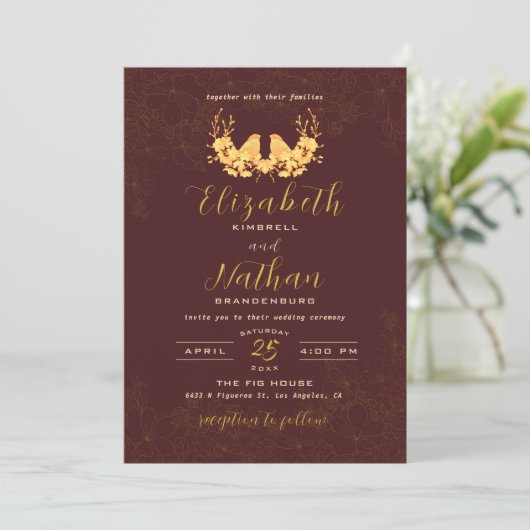 Elegant Dark Burgundy Gold Birds Floral Wedding Kaart (Staand voorkant)