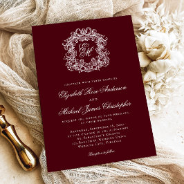 Elegant Dark Burgundy Monogram Crest Wedding Kaart