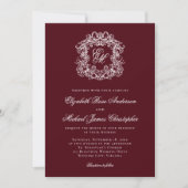 Elegant Dark Burgundy Monogram Crest Wedding Kaart (Voorkant)