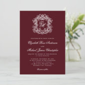 Elegant Dark Burgundy Monogram Crest Wedding Kaart (Staand voorkant)