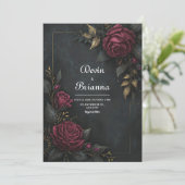 Elegant Dark Burgundy Rose Gilded Leaf Wedding Kaart (Staand voorkant)