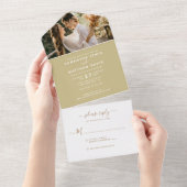 Elegant Dark Champagne Calligraphy Photo Wedding All In One Uitnodiging (Afscheurbaar)