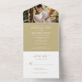Elegant Dark Champagne Calligraphy Photo Wedding All In One Uitnodiging (Binnen)
