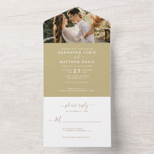 Elegant Dark Champagne Calligraphy Photo Wedding All In One Uitnodiging (Binnen)