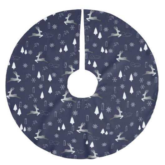 Elegant Dark Christmas TreeSkirt w Silver Reindeer Kerstboom Rok (Voorkant)
