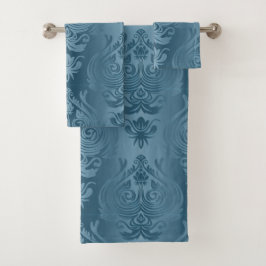 Elegant Dark Cyan Blue Damask Print Bad Handdoek