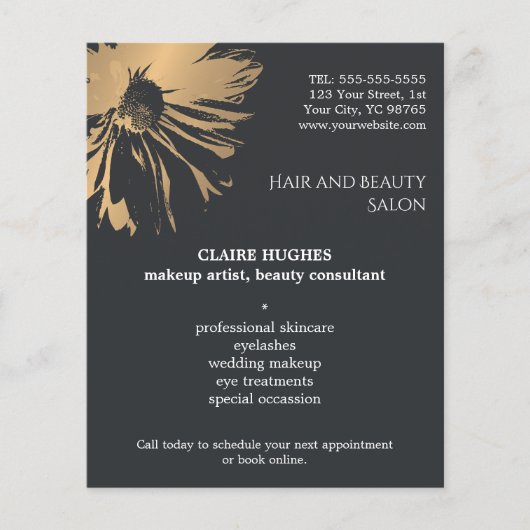 Elegant Dark Faux Gold Floral Beauty Makeup Flyer (Voorkant)