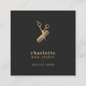 Elegant Dark Faux Gold Scissors Comb Haarstylist Vierkante Visitekaartje (Voorkant)