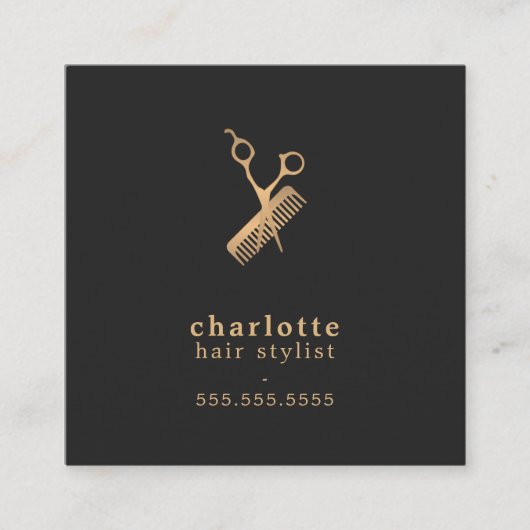Elegant Dark Faux Gold Scissors Comb Haarstylist Vierkante Visitekaartje (Voorkant)