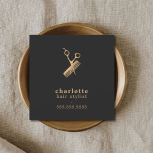 Elegant Dark Faux Gold Scissors Comb Haarstylist Vierkante Visitekaartje