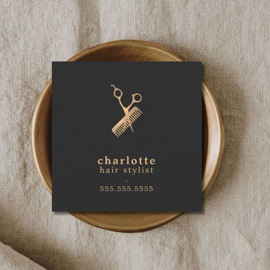 Elegant Dark Faux Gold Scissors Comb Haarstylist Vierkante Visitekaartje