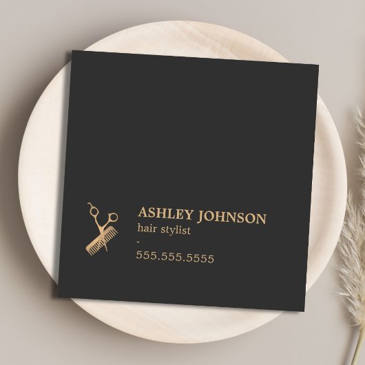 Elegant Dark Faux Gold Scissors Comb Haarstylist Vierkante Visitekaartje