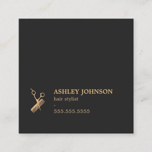 Elegant Dark Faux Gold Scissors Comb Haarstylist Vierkante Visitekaartje (Voorkant)