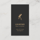 Elegant Dark Faux Gold Scissors Comb Haarstylist Visitekaartje (Voorkant)