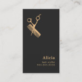 Elegant Dark Faux Gold Scissors Comb Haarstylist Visitekaartje (Voorkant)