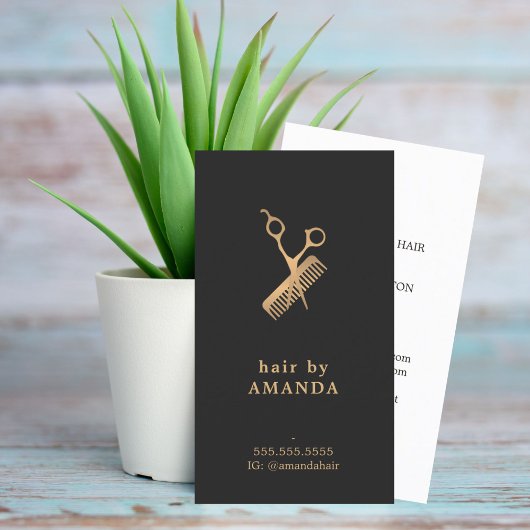 Elegant Dark Faux Gold Scissors Comb Haarstylist Visitekaartje