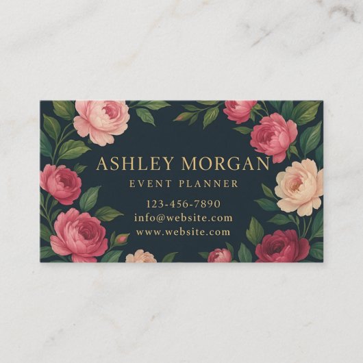 Elegant Dark Floral Business Card with Roses  Visitekaartje (Voorkant)