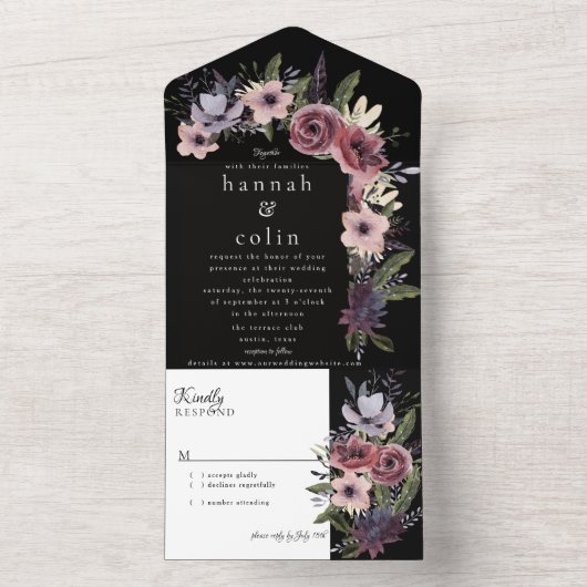 Elegant Dark Floral Cascade Black Burgundy All In One Uitnodiging (Binnen)
