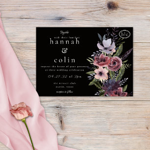 Elegant Dark Floral Cascade Black Burgundy Invitat Kaart