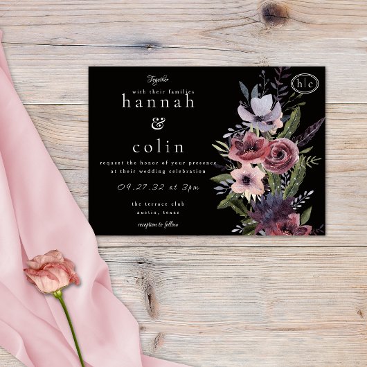 Elegant Dark Floral Cascade Black Burgundy Invitat Kaart