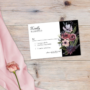 Elegant Dark Floral Cascade Black Burgundy RSVP Kaartje