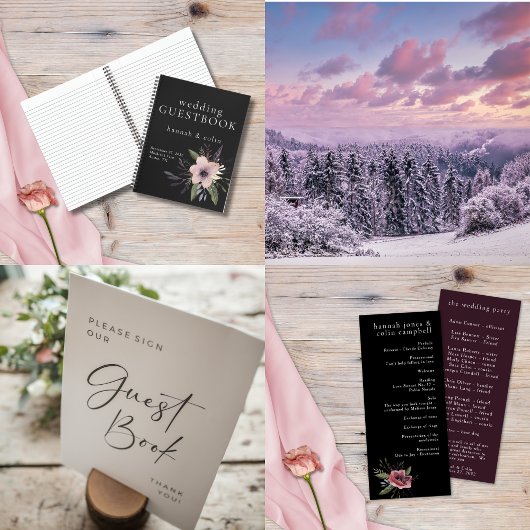 Elegant Dark Floral Cascade Black Burgundy RSVP Kaartje