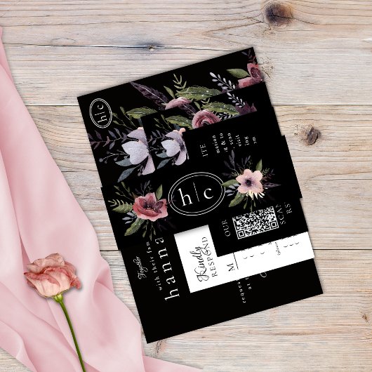 Elegant Dark Floral Cascade Black Burgundy Uitnodigingen Wikkel